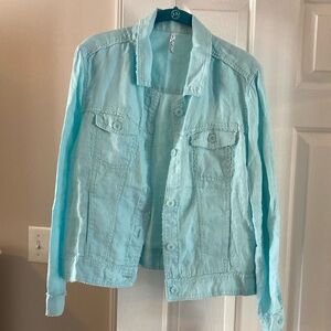 Lulu B linen aqua jacket with Open Front and Standard Collar